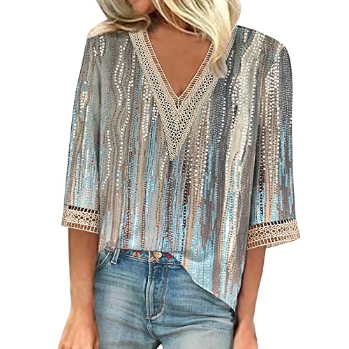 3/4 Sleeve Tees for Women Summer Womens V Neck Lace Crochet Flowy 3/4 Sleeve Casual Shirts Blouses Tops